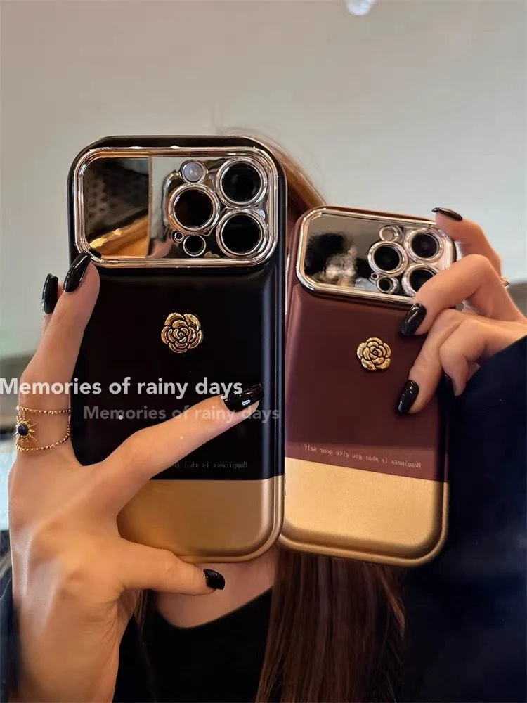高级感黑金立体山茶花适用iphone15promax苹果15手机壳14新款13女