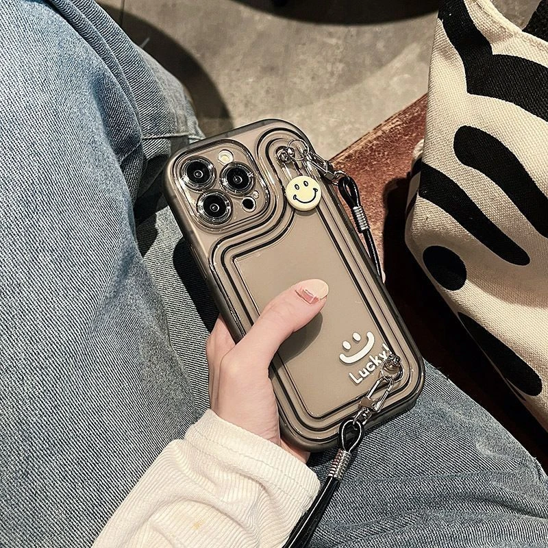 iPhone13手机壳笑脸水纹挂绳适用斜跨12Pro Max卡通14pro高级感11