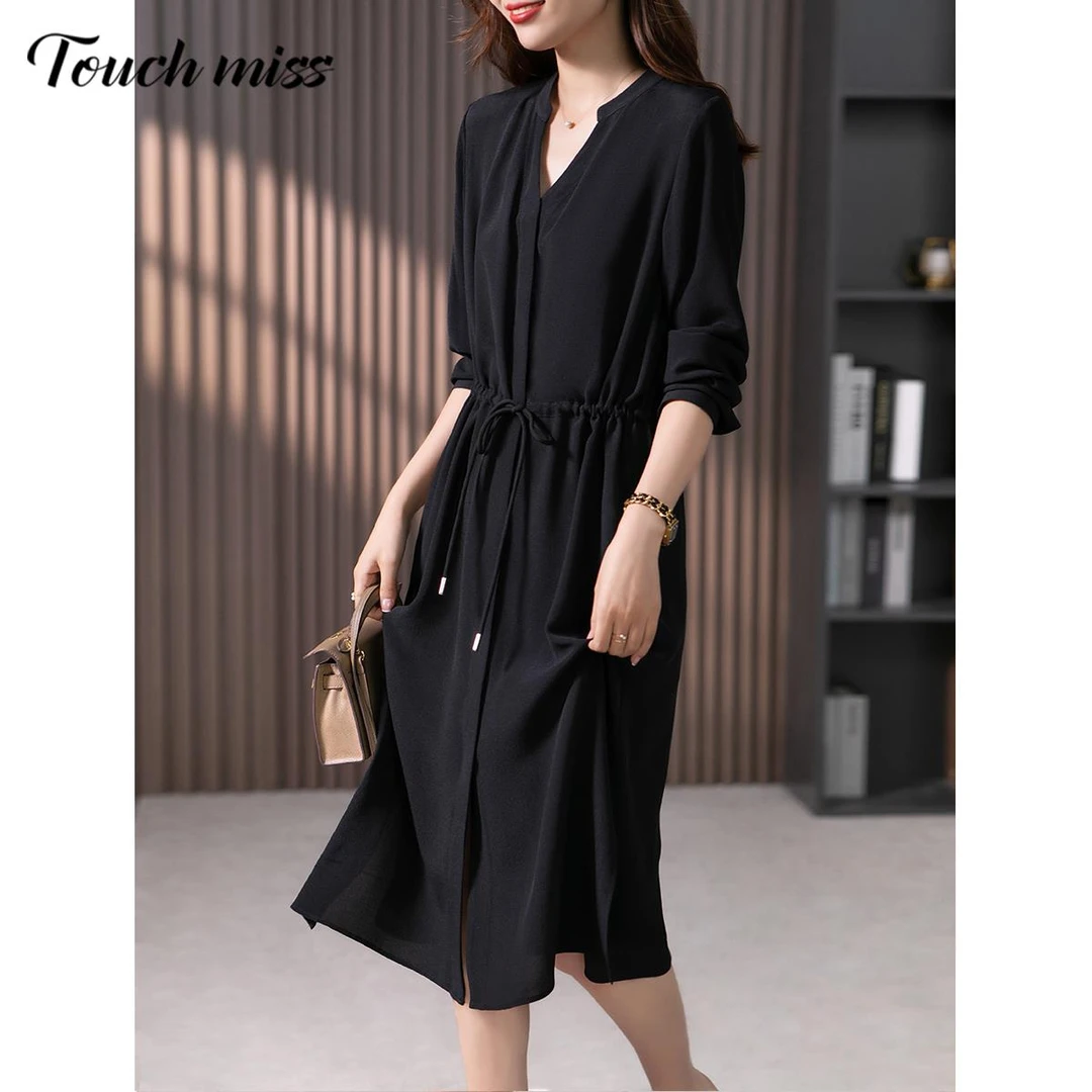 TOUCH MISS鬼皱真丝连衣裙女2025春秋新款高端奢华高端桑蚕丝裙子