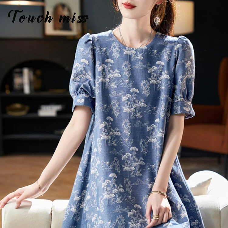 TOUCH MISS优雅印花直筒裙女2024秋季新款国风显瘦气质连衣裙时尚
