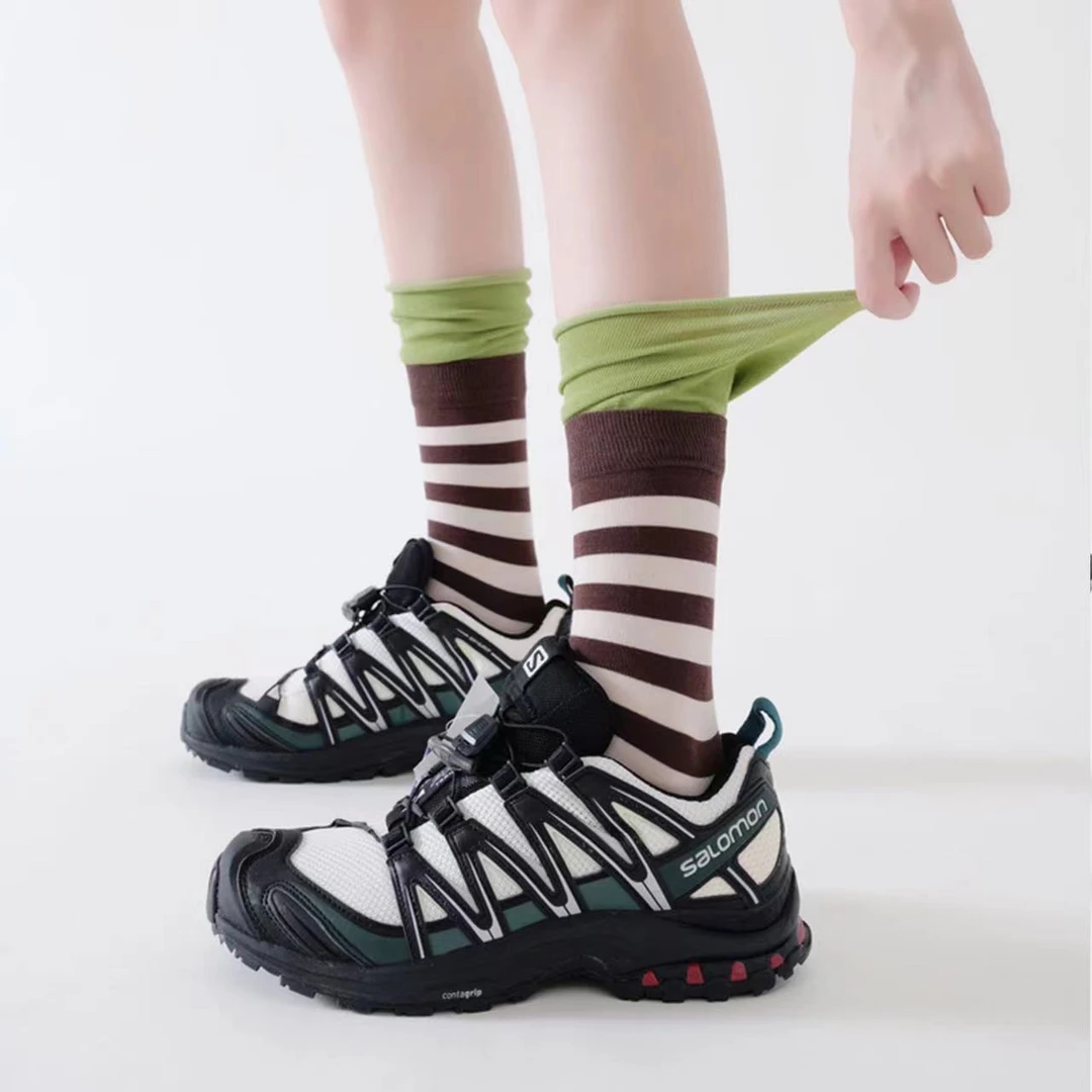 DAJUN 条纹双层袜口叠穿复古时尚中筒袜多巴胺撞色中筒袜