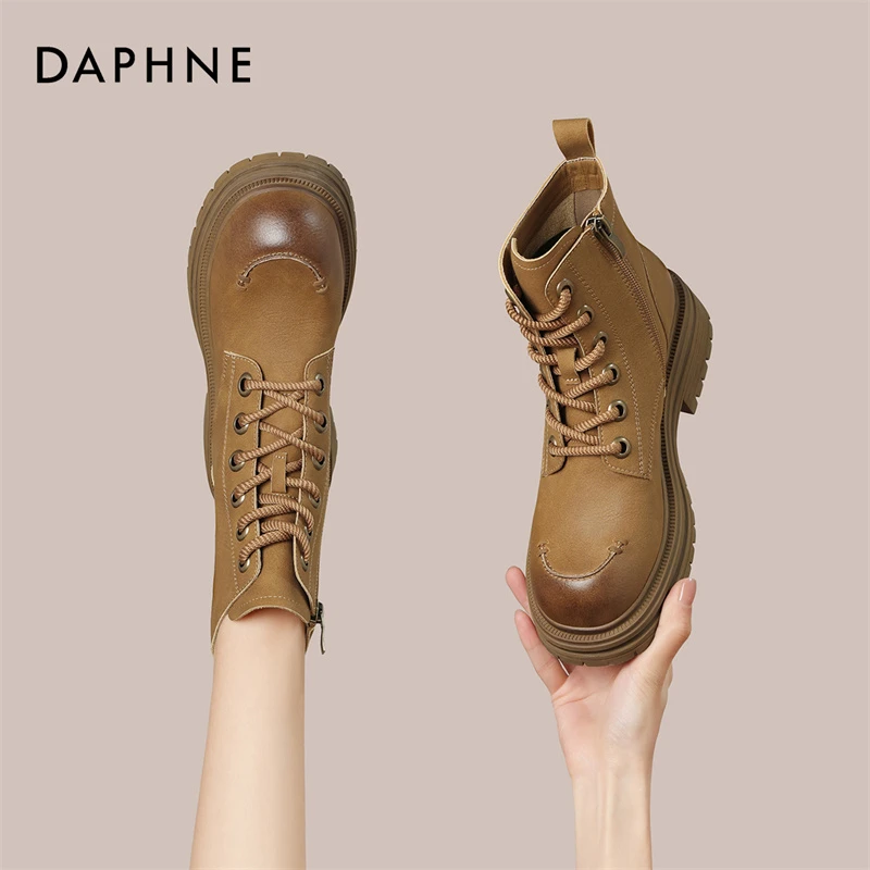 达芙妮复古时尚马丁靴女2025秋季新款大黄靴短靴厚底机车靴子单靴