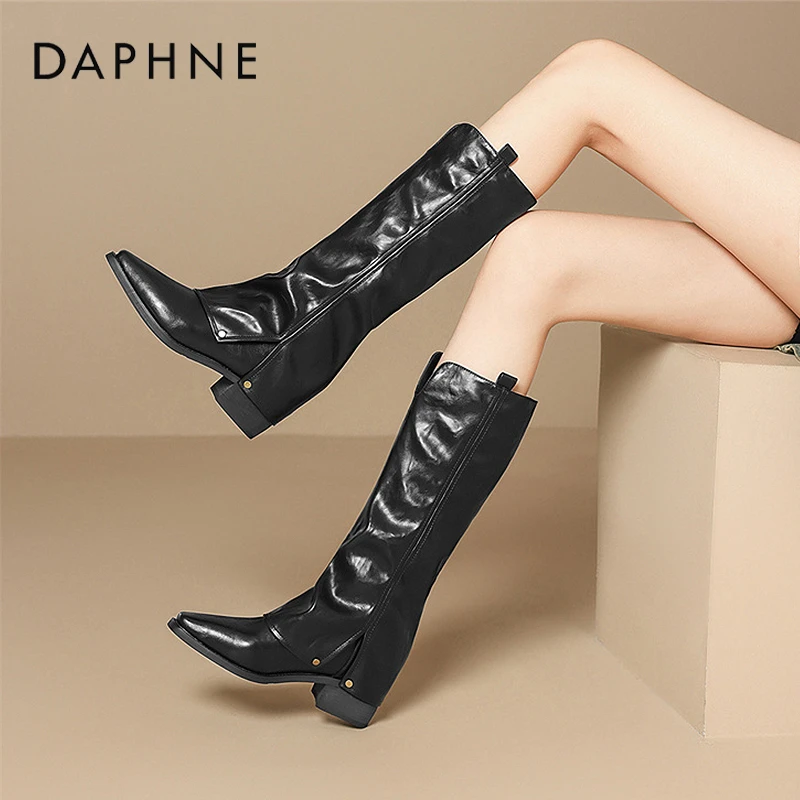 达芙妮时尚长筒裤管靴女靴2025秋冬新款粗跟高筒靴高跟褶皱堆堆靴