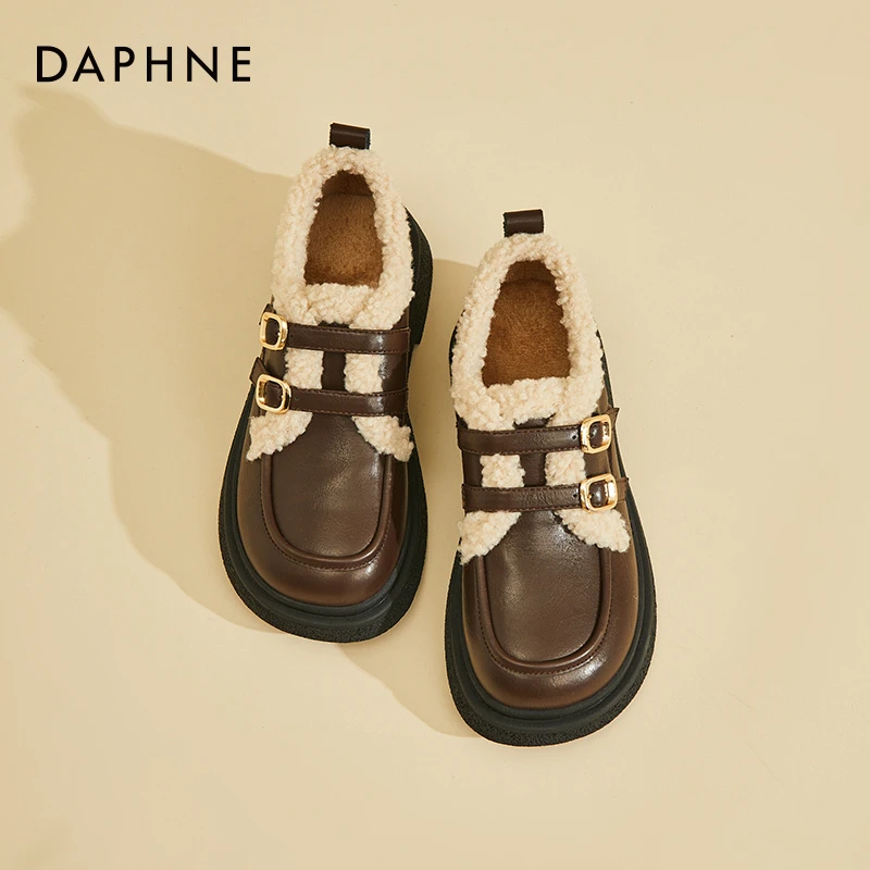 达芙妮加绒保暖乐福鞋女款2025冬季新款英伦风小皮鞋外穿防滑棉鞋