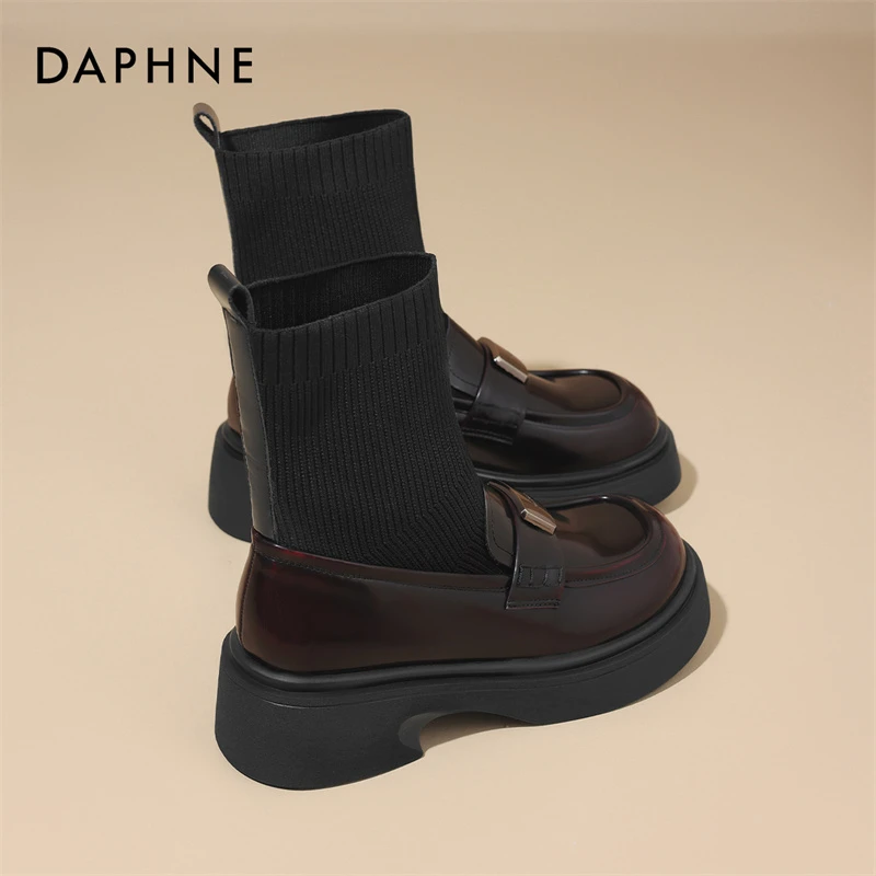 达芙妮厚底针织短靴女2025新款秋季弹力袜靴中筒单靴乐福鞋瘦瘦靴