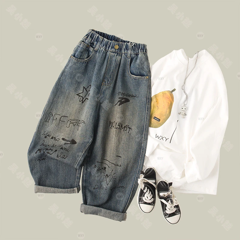 吴小越w615男童牛仔裤涂鸦痞帅男孩秋装新款长裤春秋款大童