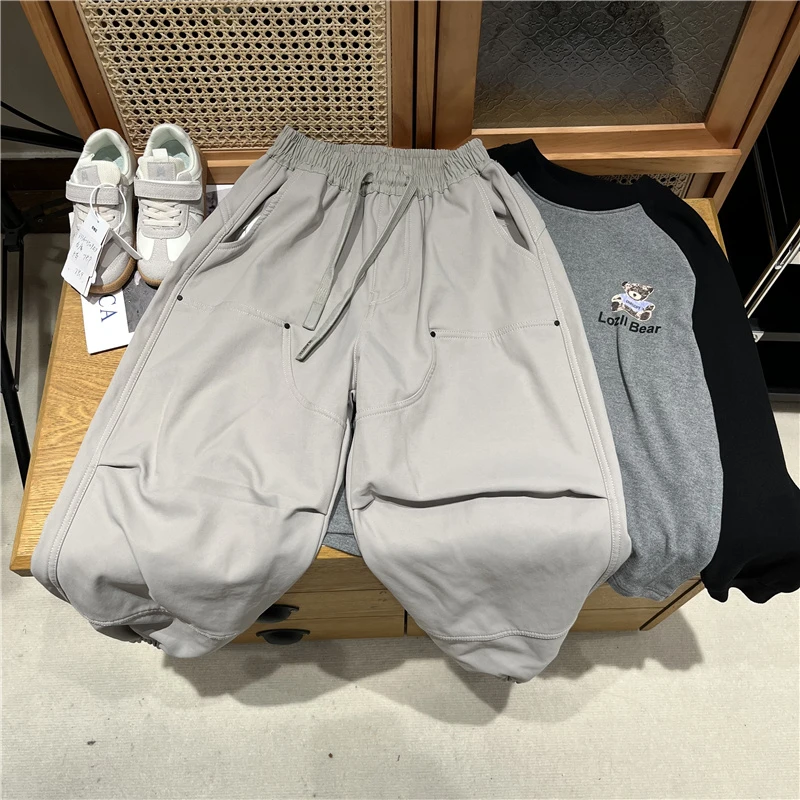 吴小越W856男童运动裤加绒裤子冬款儿童喷白拉条卫裤休闲束脚