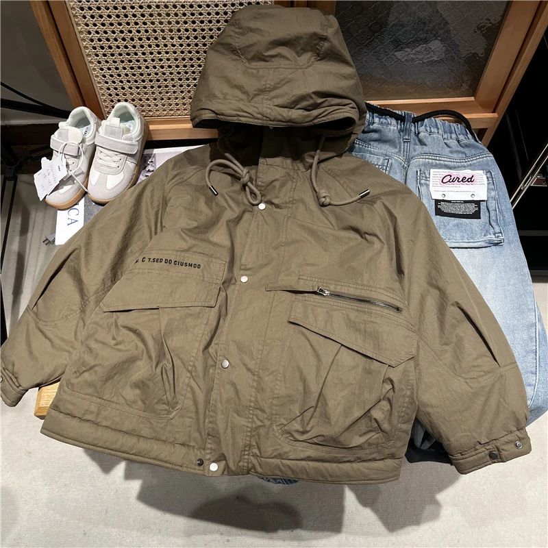 吴小越w879男童外套夹棉冬季新款连帽工装风衣中大儿童帅气潮