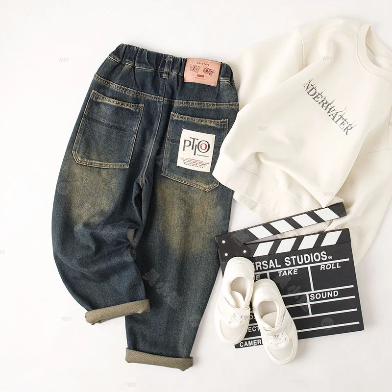 吴小越w624男童牛仔贴标痞帅男孩秋装新款长裤春秋款大童裤子