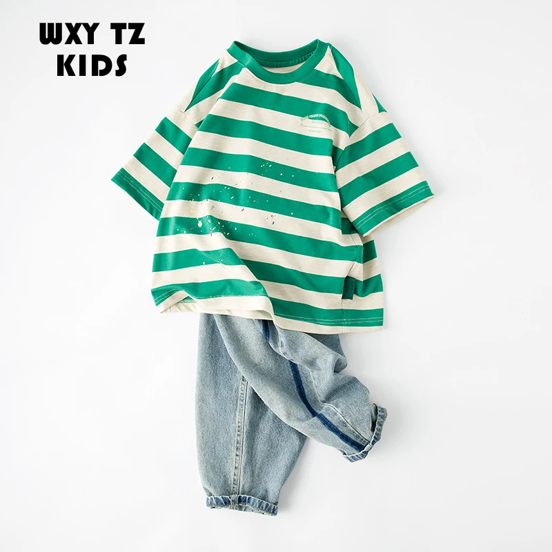 吴小越w097新品夏季儿童童装棉短袖t恤儿童条纹上衣韩系百搭圆领