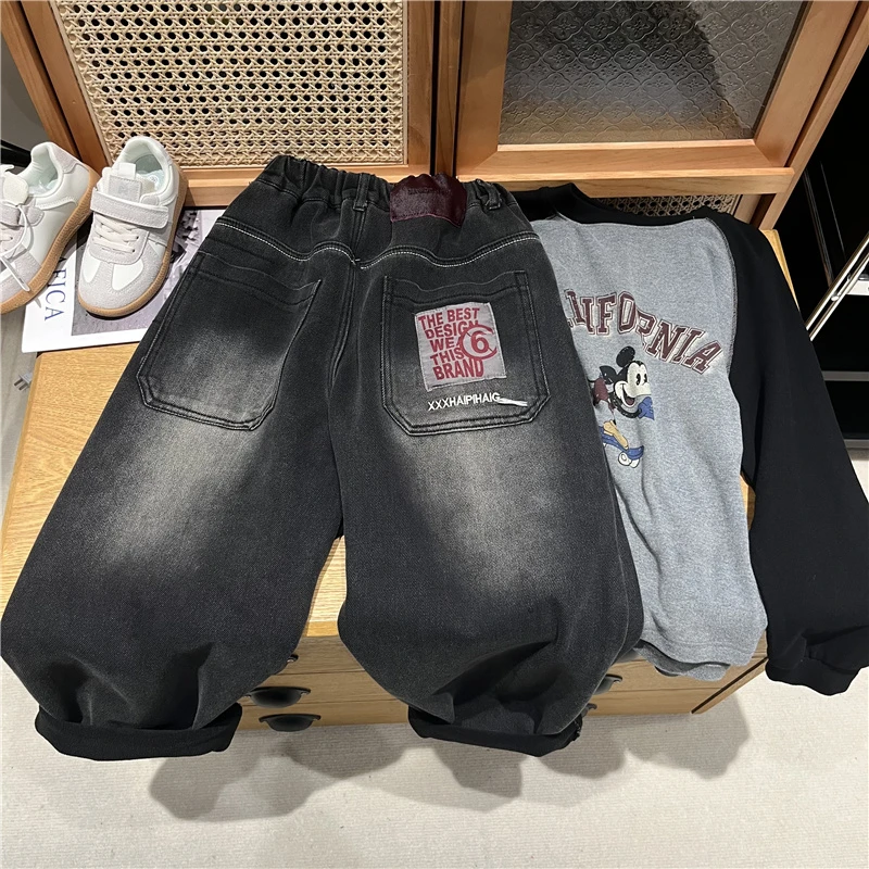 吴小越w786男童加绒牛仔裤冬款贴标韩版痞帅男孩秋冬新款韩版长裤