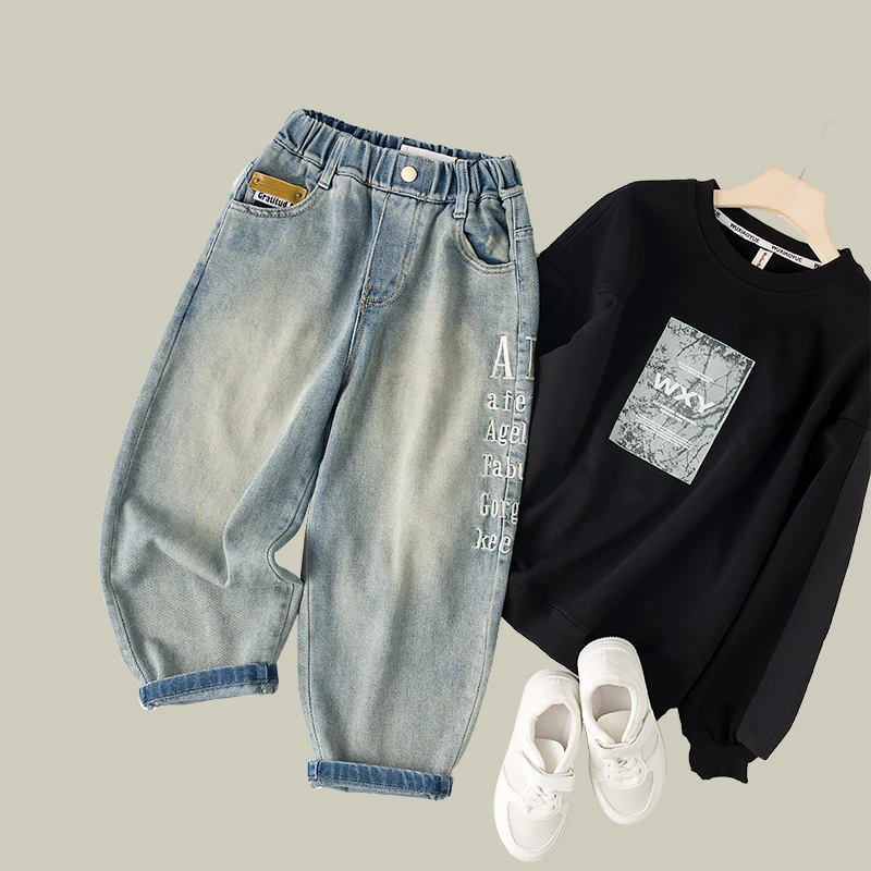 吴小越w312男童牛仔裤春季儿童刺绣字母中大童装帅气男孩春秋款