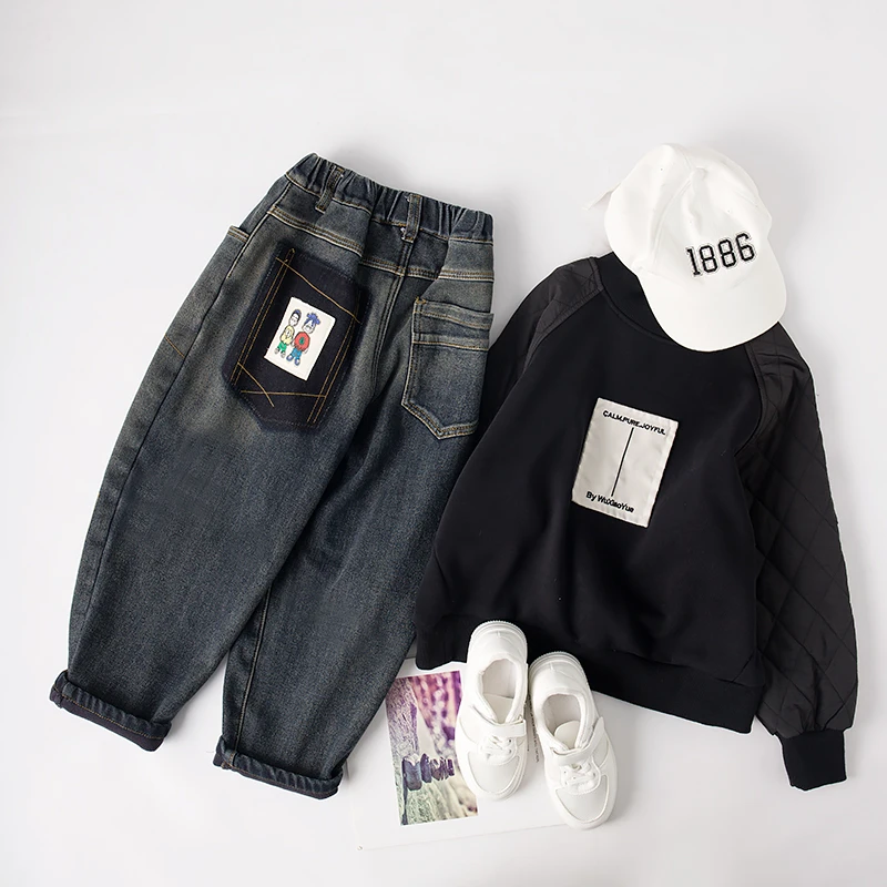 吴小越w249男童加绒蓝色牛仔裤贴标重影砂洗一体绒秋冬款裤子