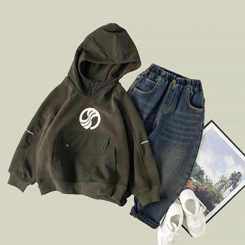 吴小越zb1676男童秋冬季新款宝宝连帽韩版加厚套头加绒儿童中大童