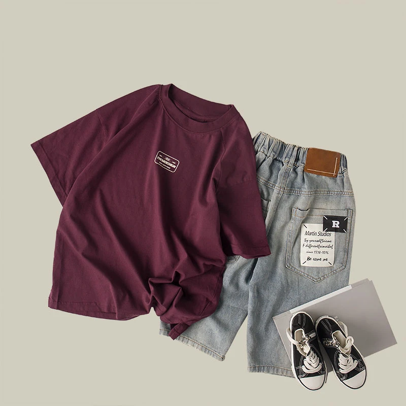 吴小越w441男童紫色短袖T恤2024款上衣儿童夏季T恤中大童圆领