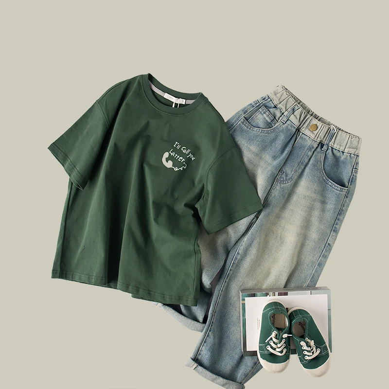 吴小越w416男童潮牌短袖T恤2024款印花上衣儿童夏季T恤纯色圆领