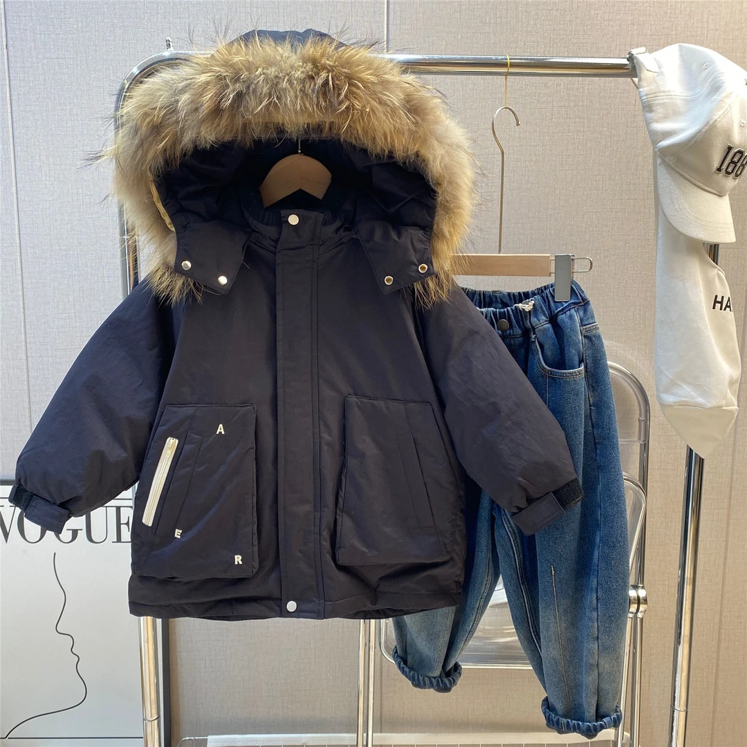 zb964男童高货冬款加厚羽绒服110-150连帽冬季长款韩版黑色加绒