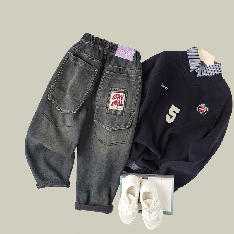 吴小越w758男童加绒牛仔裤冬款贴标韩版痞帅男孩秋冬新款韩版长裤