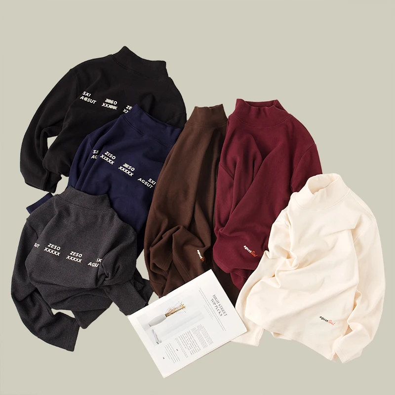 吴小越w792男童秋冬中领套头加绒韩版t恤长袖中大童儿童打底衫