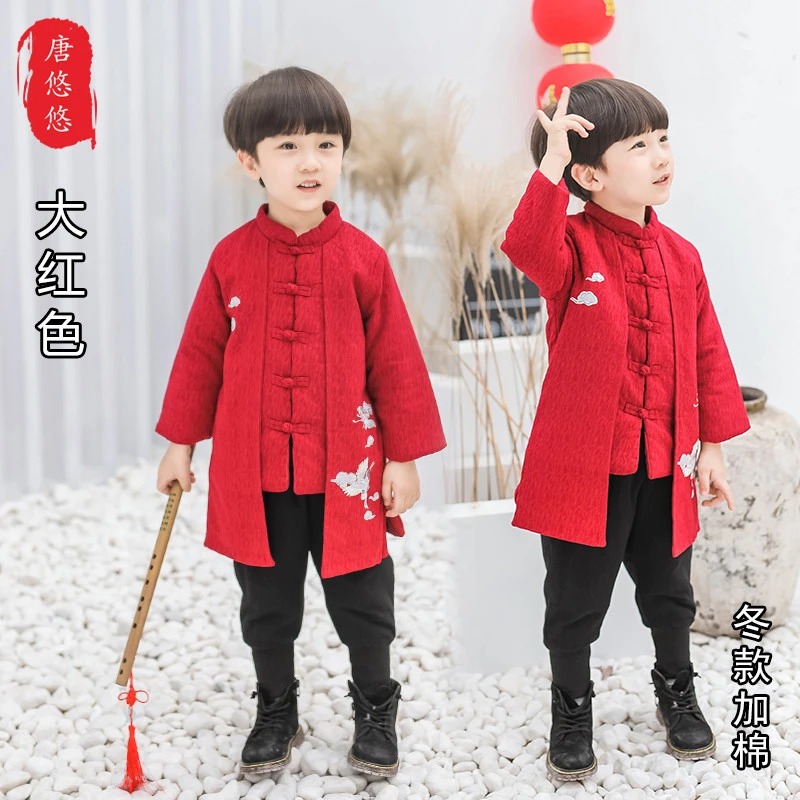 18259棉衣套装汉服中长款仙鹤外套收脚夹棉长裤拜年服国风