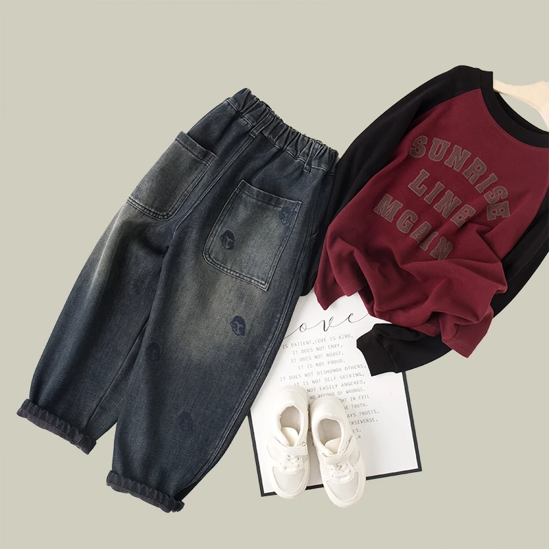 吴小越w777男童加绒牛仔裤冬款贴标韩版痞帅男孩秋冬新款韩版长裤