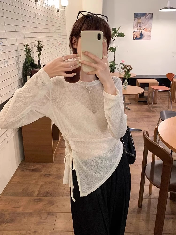 不规则下摆露腰抽褶显瘦针织衫女士夏季新款气质薄款微透防晒罩衫