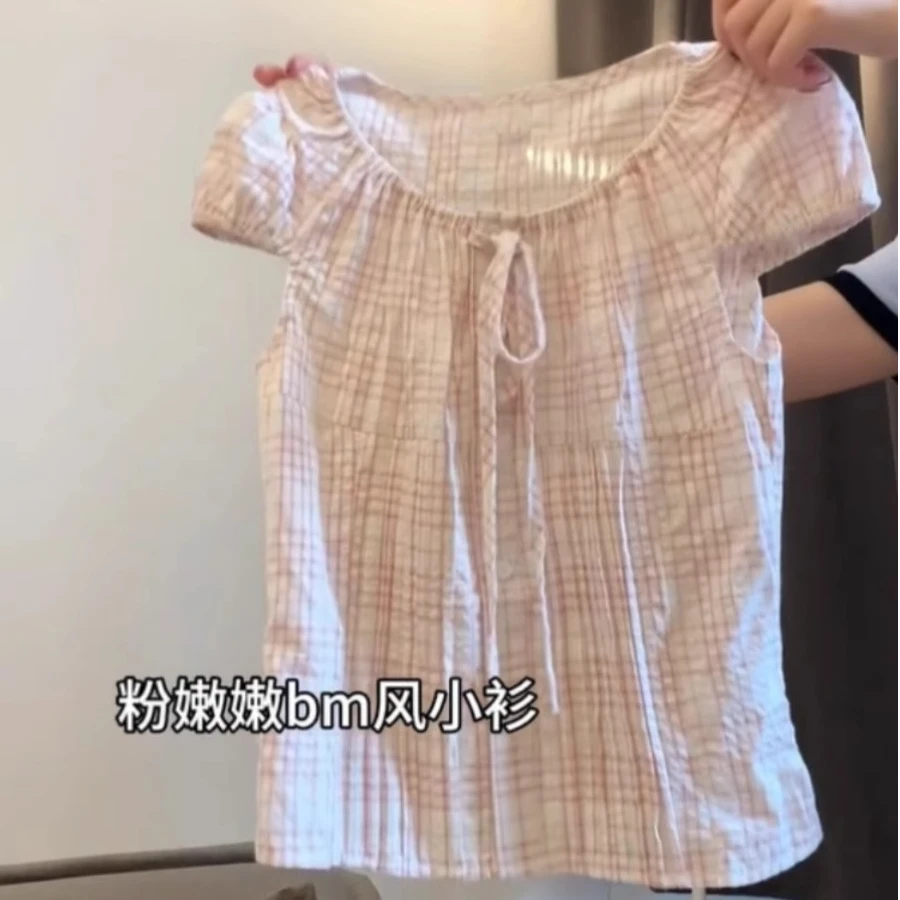 2025夏季时尚甜美减龄格纹绑带设计感修身显瘦气质粉色别致衬衫女