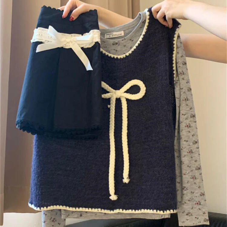 2025早秋新款韩系甜美减龄蝴蝶结撞色针织背心圆领长袖打底半身裙