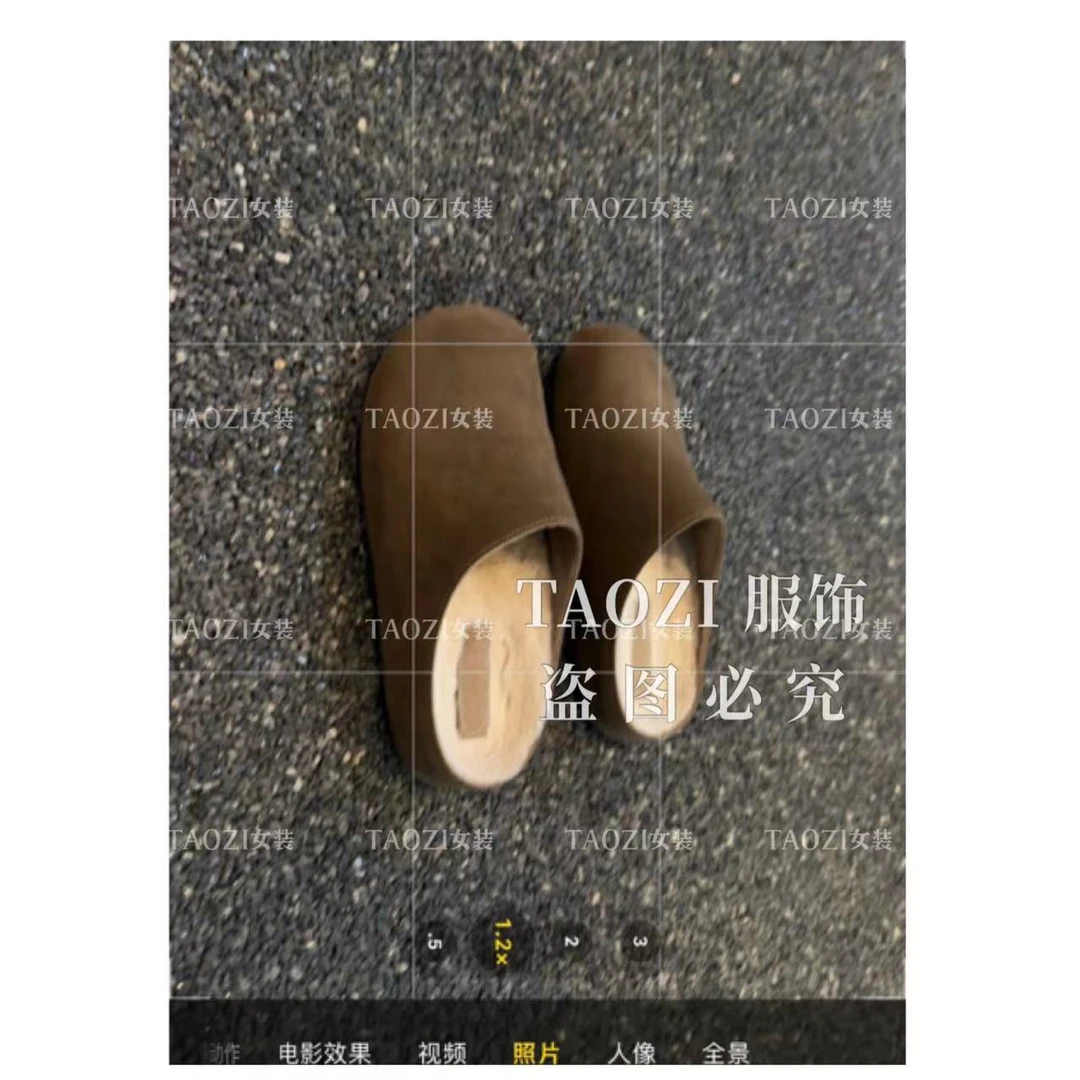 【桃子自制】10055 新款厚底加绒包头毛毛半拖鞋外穿一脚蹬勃肯鞋