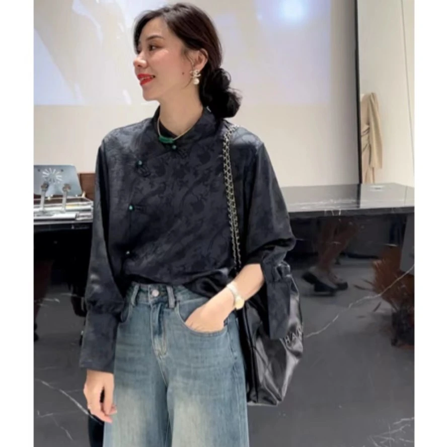 【达人专属】8692  新中式国风刺绣缎面衬衣