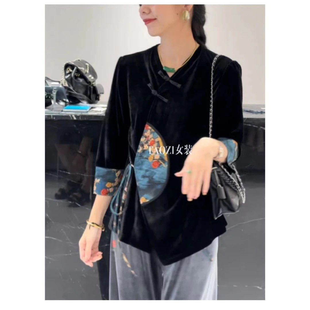 【桃子自制】8983 新中式国风斜襟盘扣丝绒衬衣