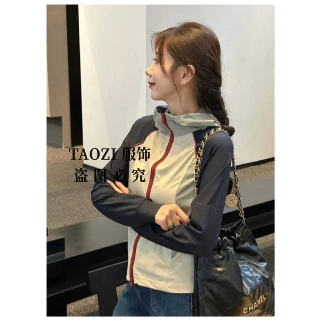 【桃子自制】 08100【澳洲订单】2024春夏复古撞色连帽插肩袖外套