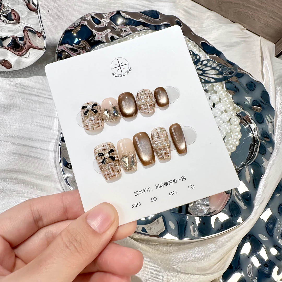 YoMi【小香蝴蝶结】初秋秋季猫眼手绘纯手工简约可重复穿戴美甲