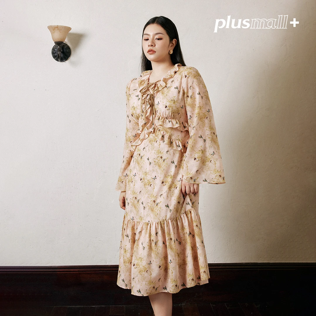 PLUSMALL 山茶来信 雪纺定制印花系带木耳边碎花连衣裙PAC2408116