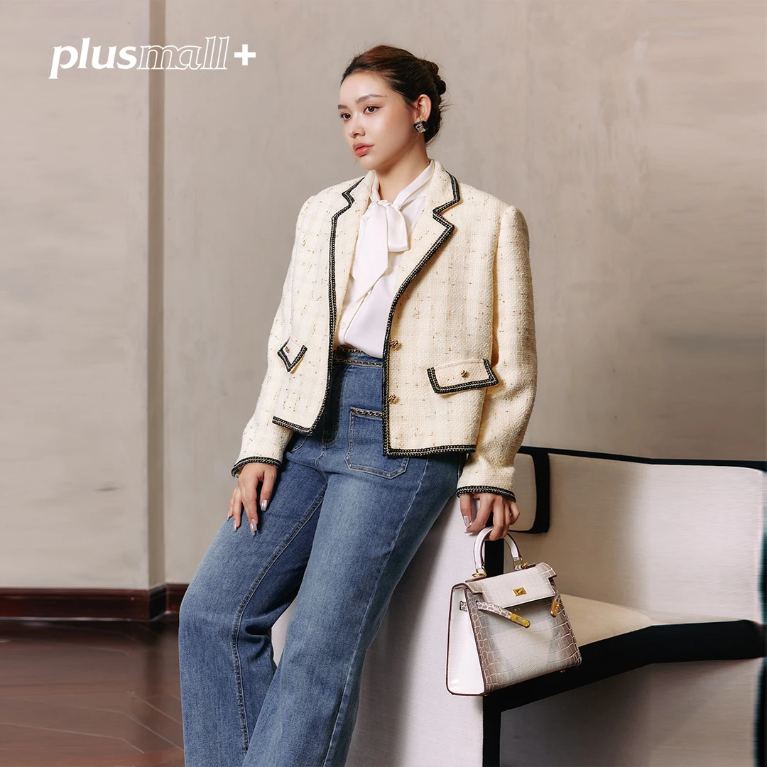 PLUSMALL 马德里假日 黄格纹翻领金点子小香外套PM2401084