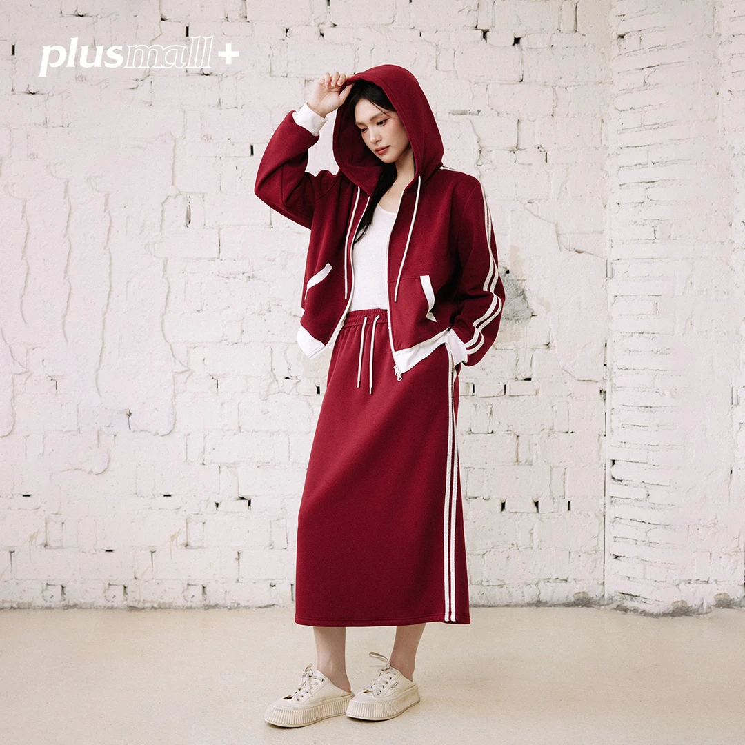 PLUSMALL 美式遛弯套装 撞色外套半裙直筒裤三件套PAC2409154ABC