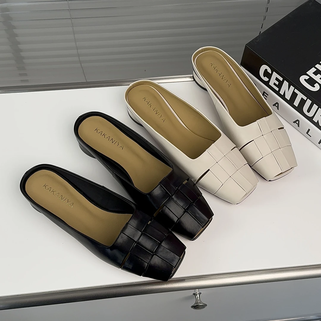 【鞋面牛皮】编织网红时尚低跟外穿包头拖鞋女百搭方头粗跟平底鞋女