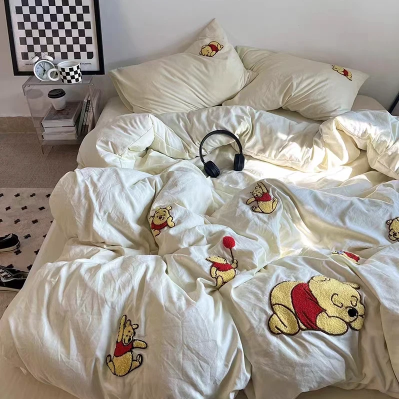 可爱卡通ins少女慵懒维尼小熊水洗棉毛巾绣四件套床单三件套被套4