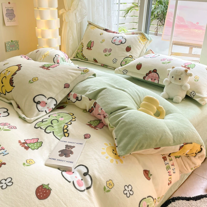 嘉青小清新牛奶绒保暖四件套冬季加厚卡通双面绒珊瑚绒学生三件套