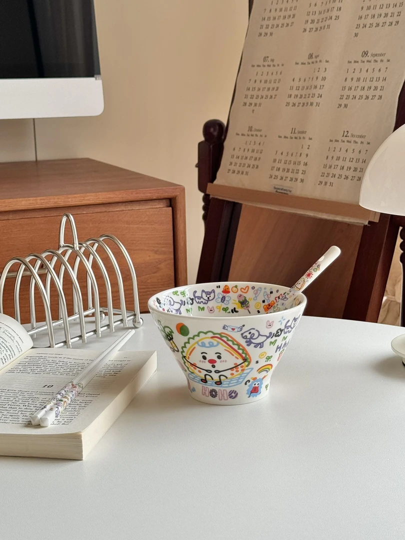 森南涂鸦ins可爱萌趣斗笠碗沙拉碗米饭碗儿童餐具釉下彩（本家2）