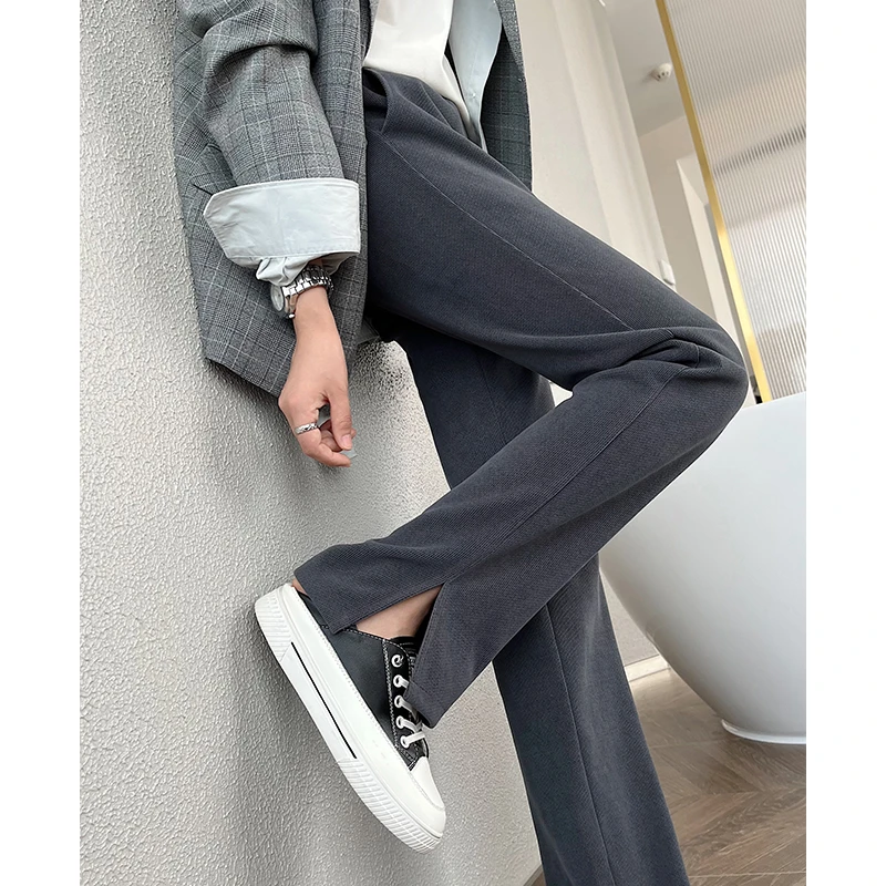 雪尼尔窄版阔腿裤女秋冬加绒高腰垂感休闲小个子开叉灯芯绒直筒裤