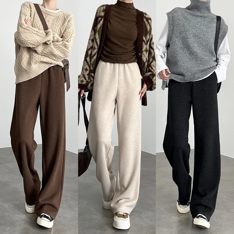 米色毛呢阔腿裤女2024春秋直筒窄版人字纹加厚宽松加长春秋针织裤