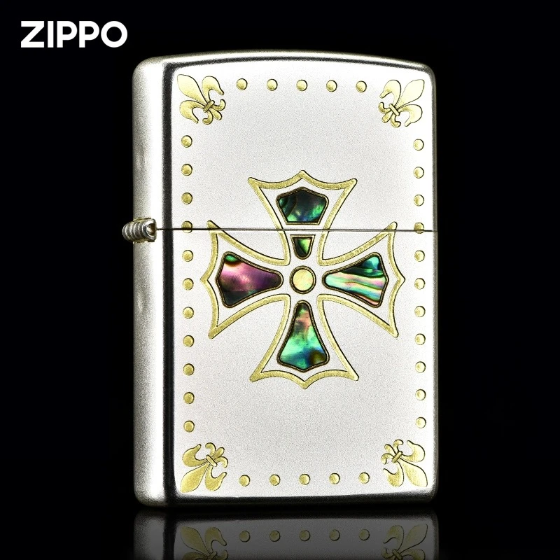 ZIPPO/之宝【贝壳十字之心】彩贝镶嵌-镀银双面常规防风打火机DYJ1