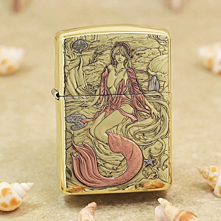 ZIPPO/之宝【美人鱼】黄铜盔甲镶嵌 立体浮雕 防风打火机DYJ1