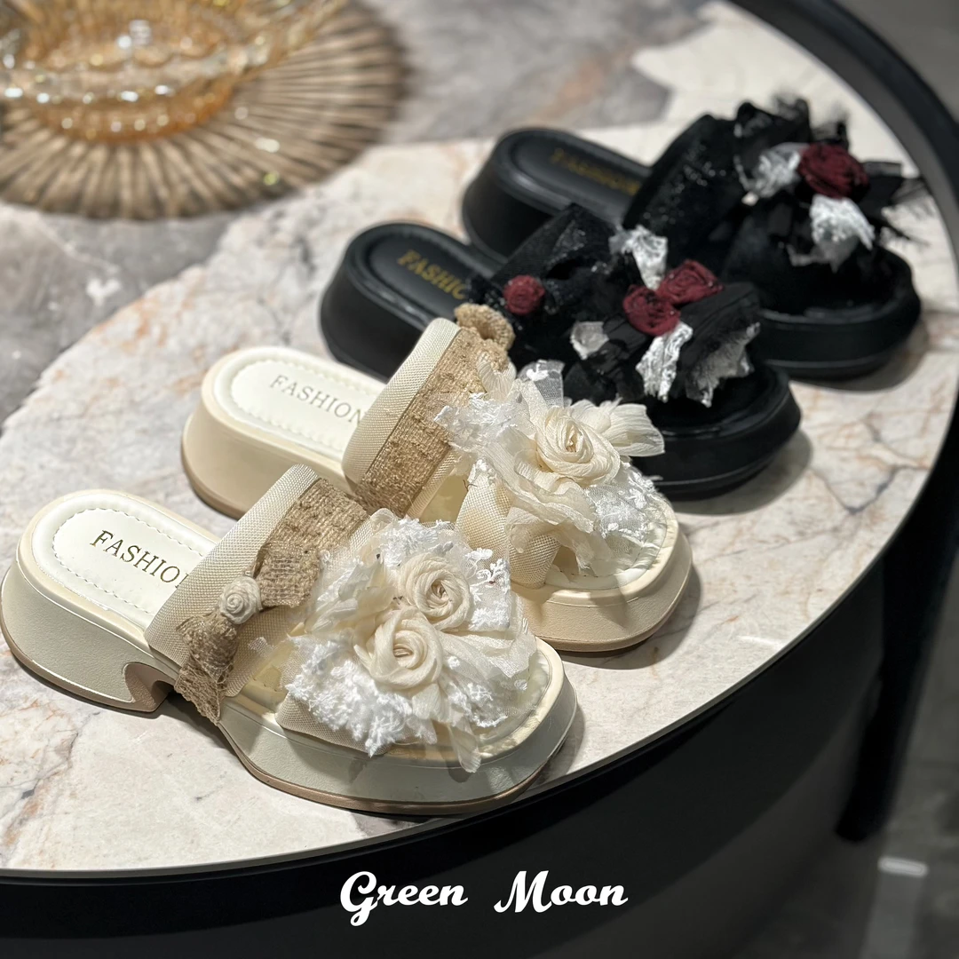 【梨月空梦】新中式国潮风古风厚底花朵拖鞋夏季外穿