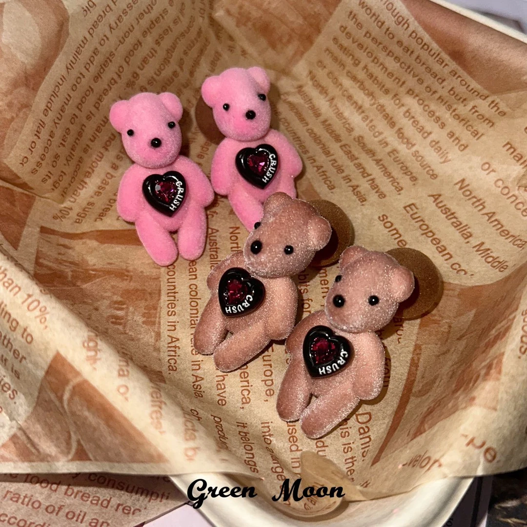 非金属布艺耳饰 【玩偶娃娃】甜酷可爱小熊耳钉爱心原创手作Y305