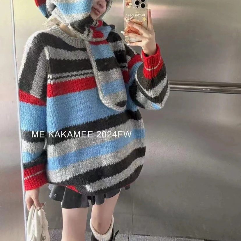 【逾期情诗】可爱少女甜酷蓝色卡通印花毛衣慵懒风韩版ins