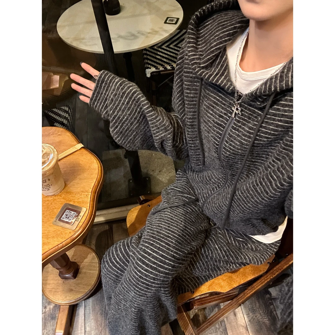 【年终大促 NO退NO换】慵懒松弛连帽外套宽松长裤软糯条纹套装女