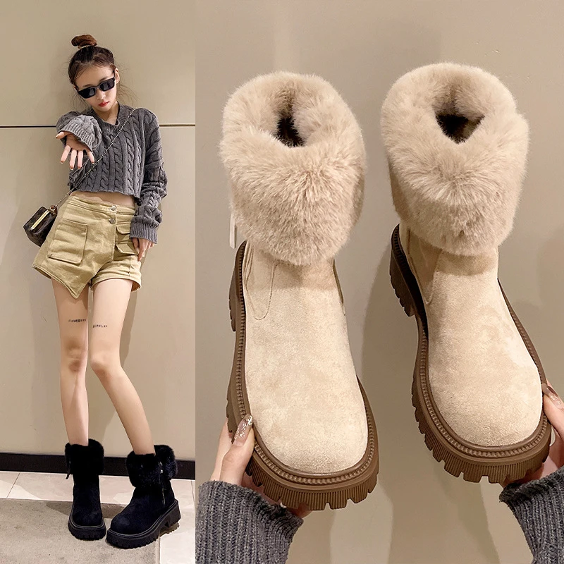 PEIFUMAN毛毛雪地靴冬季英伦风加绒加厚短靴保暖棉靴女B10