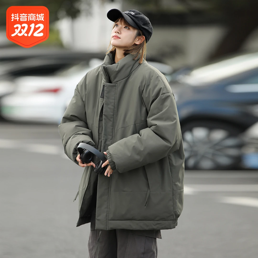 韩系纯色简约大口袋保暖棉服男女立领复古休闲情侣加厚棉衣外套潮